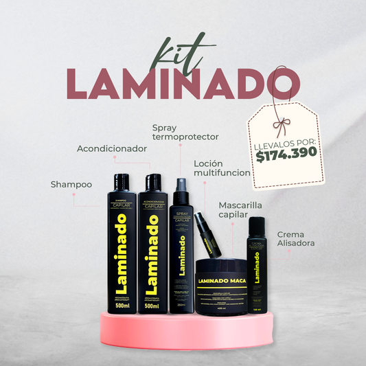 KIT LAMINADO (Crema alisadora 120ml, Bomba de hidratación Maca 400ml, Shampoo 500ml, Acondicionador 500ml, Termoprotector 250ml, BB lotion 20ml )