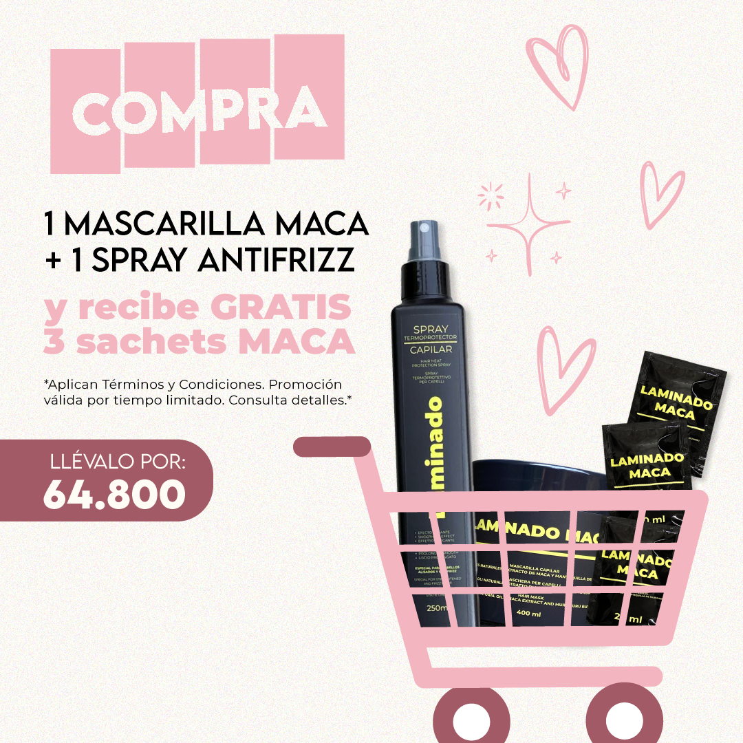 MASCARILLA MACA 400ML + TERMOPROTECTOR ANTIFRIZZ LAMINADO 250ml (GRATIS 3 SACHETS MACA)