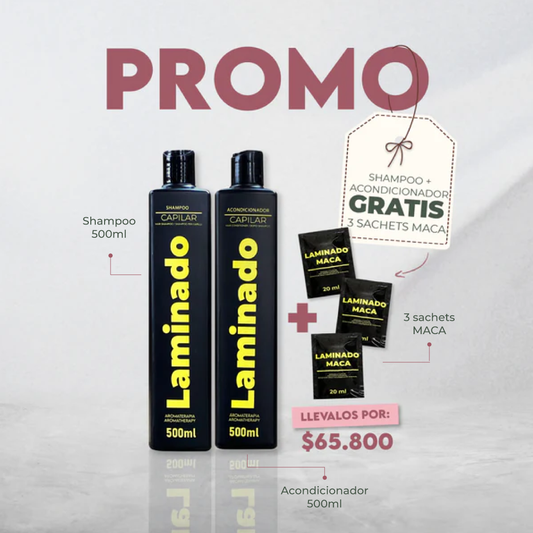 SHAMPOO LAMINADO 500ML + ACONDICIONADOR LAMINADO 500ml (GRATIS 3 SACHETS MACA)