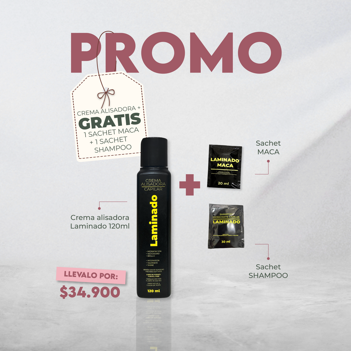 CREMA ALISADORA CAPILAR LAMINADO 120ml + GRATIS SACHET MACA + SACHET SHAMPOO