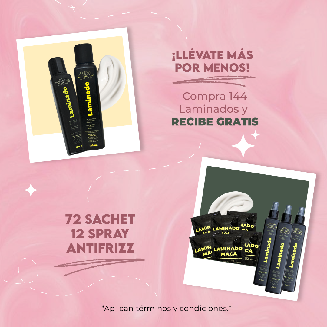 Promo Laminado Crema alisadora 120ml x 144 Unidades - Lleva 12 Spray Antifrizz Laminado y 72 sachets
