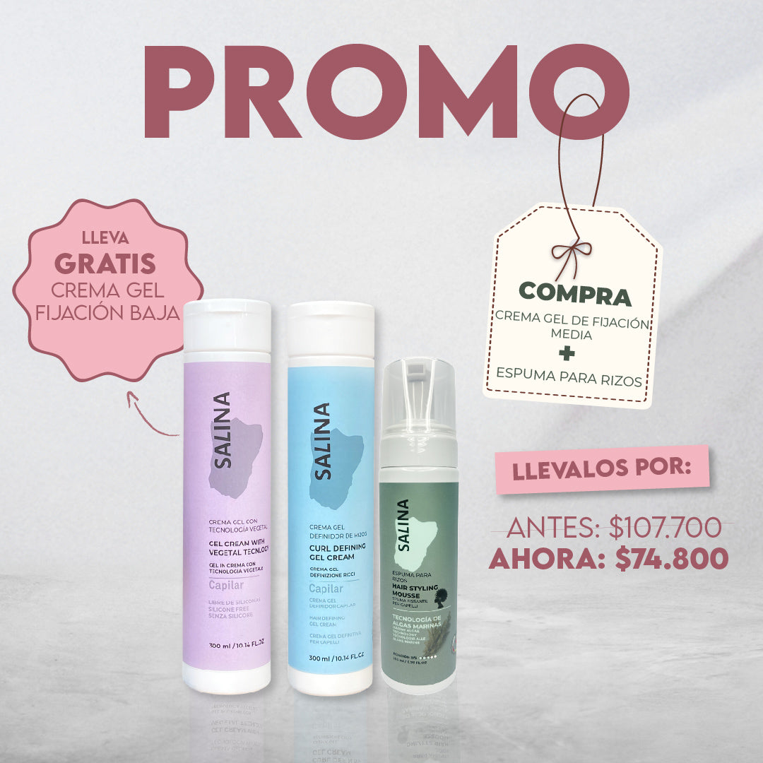 Promo Crema Gel Definidor Salina Crespas 300ml +espuma Capilar Fijadora Para Rizos 200ml + GRATIS Crema para peinar Rizos 300ml