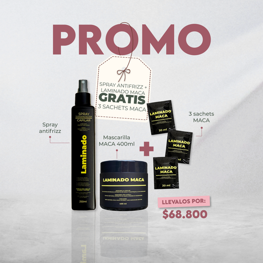 MASCARILLA MACA 400ML + TERMOPROTECTOR ANTIFRIZZ LAMINADO 250ml (GRATIS 3 SACHETS MACA)