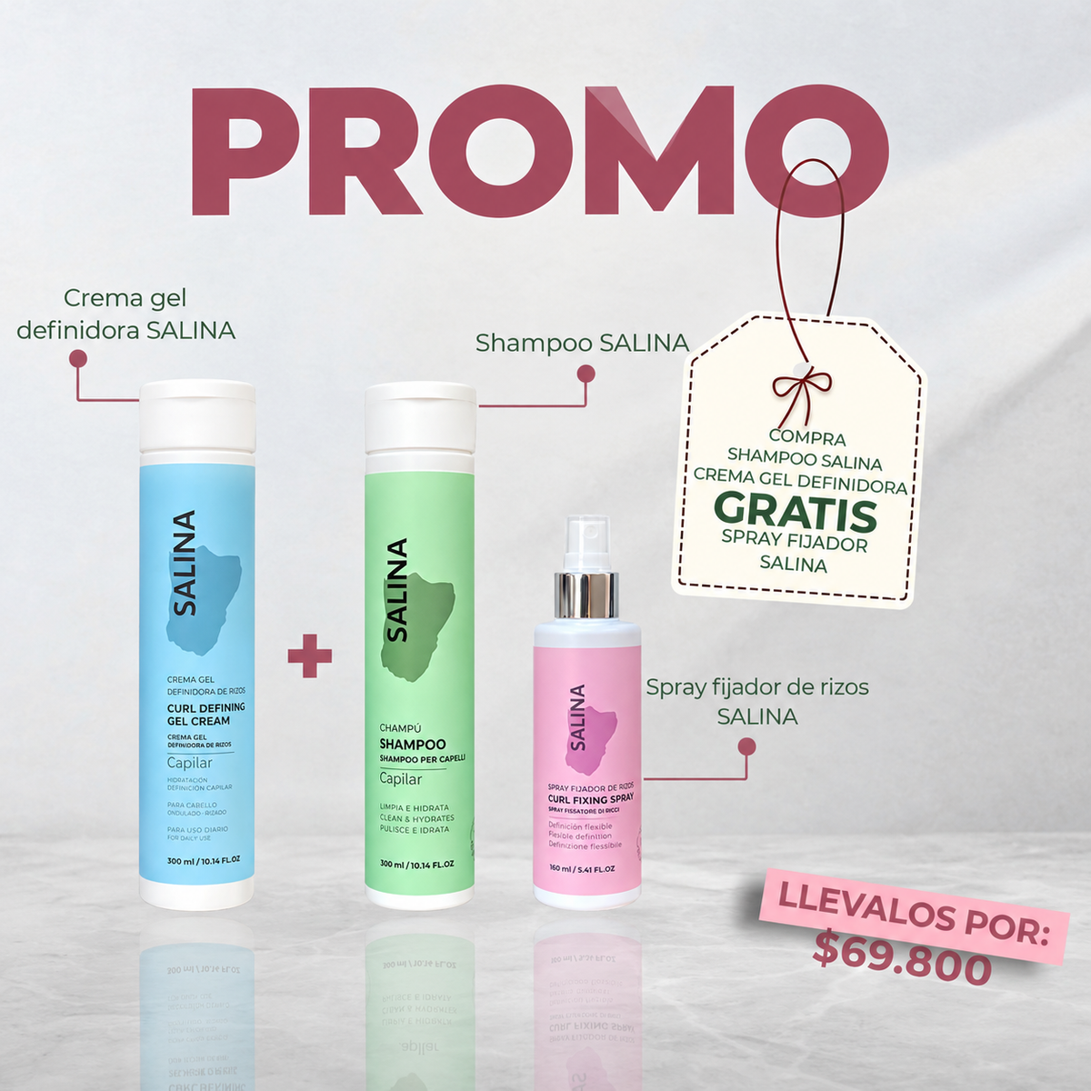 PROMO SALINA: COMPRA SHAMPOO SALINA + CREMA GEL DEFINIDORA SALINA, LLEVA GRATIS UN SPRAY FIJADOR DE RIZOS SALINA