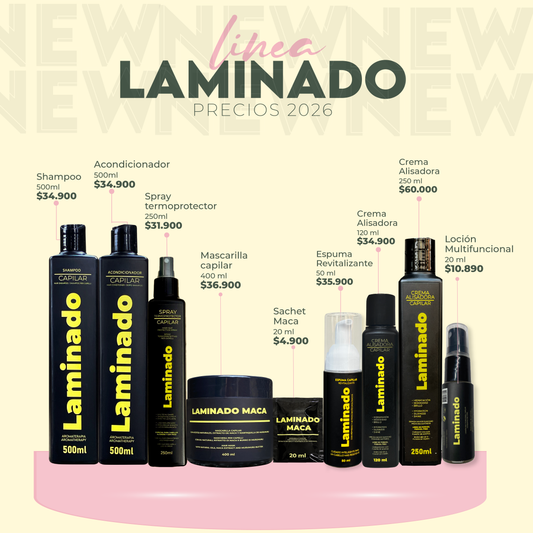 KIT LAMINADO (Crema alisadora 120ml, Bomba de hidratación Maca 400ml, Shampoo 500ml, Acondicionador 500ml, Termoprotector 250ml, BB lotion 20ml, Espuma revitalizante 50ml, Laminado 250ml)