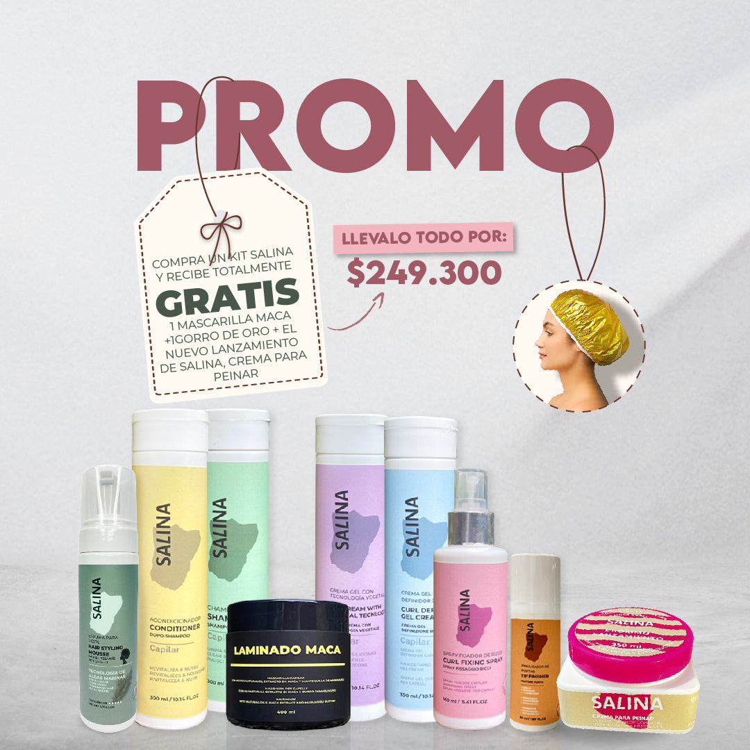 KIT SALINA para Rizos + MACA GRATIS + CREMA PARA PEINAR DE SALINA+ y gorro dorado