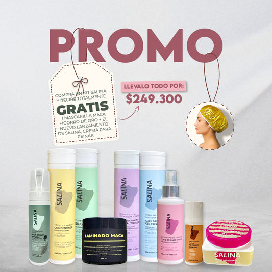 KIT SALINA para Rizos + MACA GRATIS + CREMA PARA PEINAR DE SALINA+ y gorro dorado
