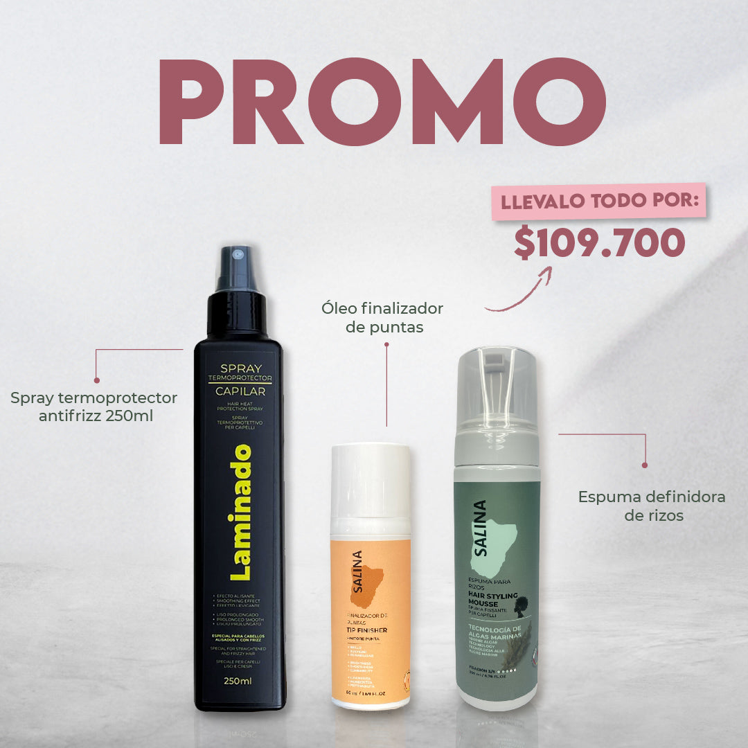 KIT Spray termoprotector Laminado + Finalizador de puntas Salina + Espuma para rizos Salina