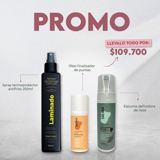 KIT Spray termoprotector Laminado + Finalizador de puntas Salina + Espuma para rizos Salina