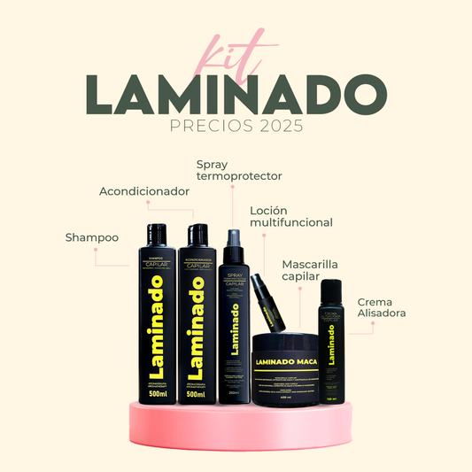 KIT LAMINADO (Crema alisadora 120ml, Bomba de hidratación Maca 400ml, Shampoo 500ml, Acondicionador 500ml, Termoprotector 250ml, BB lotion 20ml )