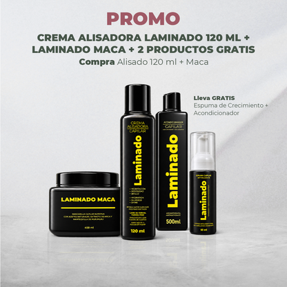 PROMO COMPRA CREMA ALISADORA LAMINADO 120 ML + MACA LLEVA GRATIS ACONDICIONADOR LAMINADO + ESPUMA REVITALIZANTE LAMINADO