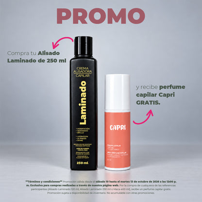 PROMO CREMA ALISADORA LAMINADO 250 ML GRATIS PERFUME CAPILAR CAPRI