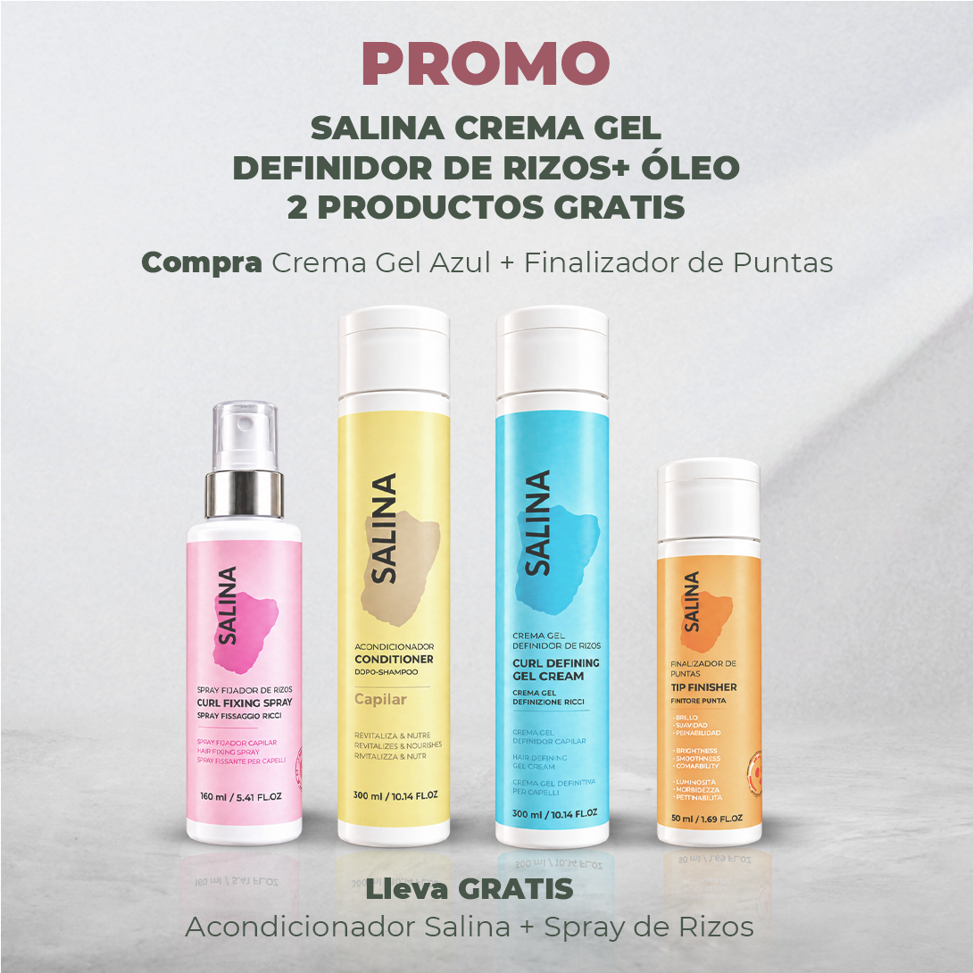 PROMO COMPRA CREMA GEL AZUL + FINALIZADOR DE PUNTAS SALINA LLEVA GRATIS ACONDICIONADOR SALINA + SPRAY DE RIZOS SALINA