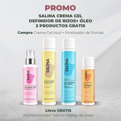 PROMO COMPRA CREMA GEL AZUL + FINALIZADOR DE PUNTAS SALINA LLEVA GRATIS ACONDICIONADOR SALINA + SPRAY DE RIZOS SALINA