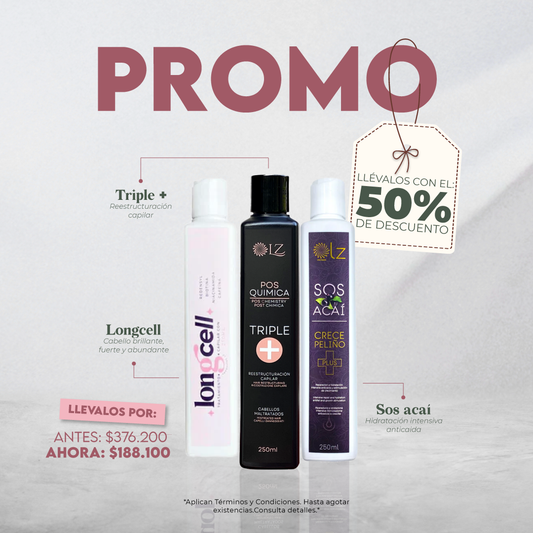 KIT CÓCTEL NUTRITIVO - 50% OFF Hidratación y restauración profunda / LongCell - Sos Acai - Triple+ Medium 250ml