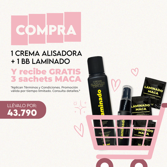 CREMA ALISADORA LAMINADO 120ML + BB LAMINADO 20ml (GRATIS 3 SACHETS MACA)