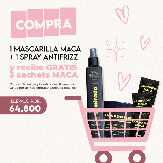 MASCARILLA MACA 400ML + TERMOPROTECTOR ANTIFRIZZ LAMINADO 250ml (GRATIS 3 SACHETS MACA)