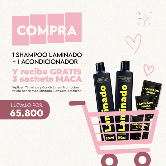 SHAMPOO LAMINADO 500ML + ACONDICIONADOR LAMINADO 500ml (GRATIS 3 SACHETS MACA)