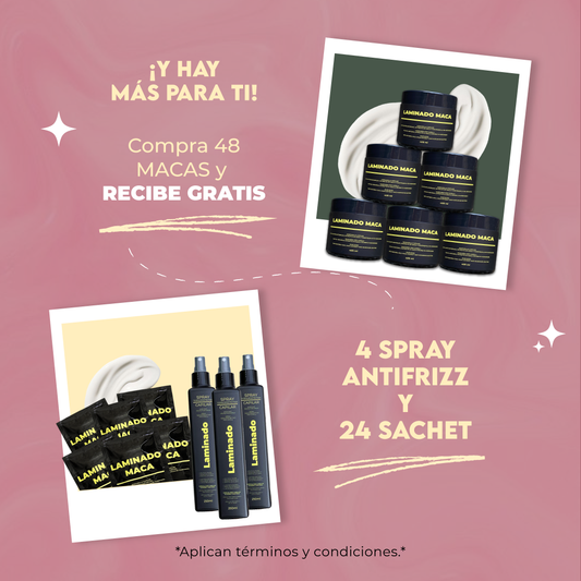 Promo Laminado Maca 400ml x 48 Unidades - Lleva 4 Spray Antifrizz Laminado y 24 sachets