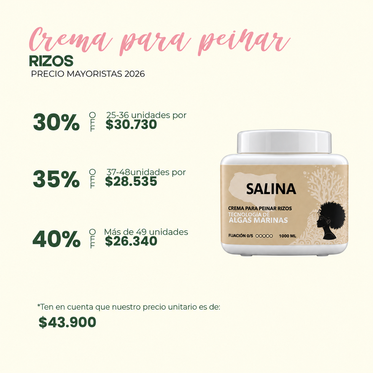 CREMA PARA PEINAR PARA RIZOS SALINA 1000 ML