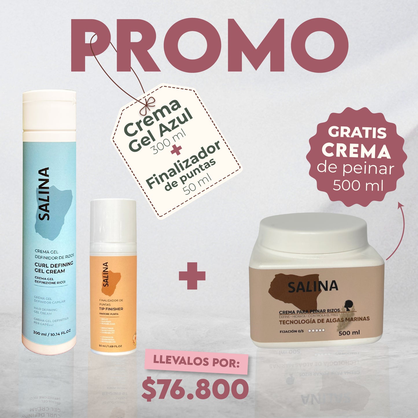 PROMO CREMA GEL AZUL DE 500ML + OLEO FINALIZADOR DE PUNTAS 50ML - GRATIS CREMA DE PEINAR PARA RIZOS 500 ML