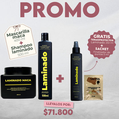 Promo LZ de Feria - Maca de 400 ml+ Shampoo Laminado 500 ml y GRATIS Spray termoprotector+ Sachet Oleo Finalizador de puntas