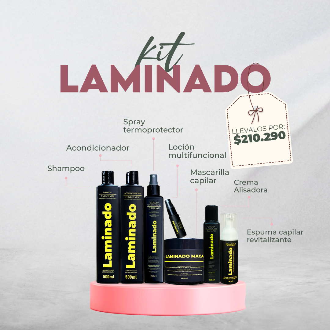 KIT LAMINADO (Crema alisadora 120ml, Bomba de hidratación Maca 400ml, Shampoo 500ml, Acondicionador 500ml, Termoprotector 250ml, BB lotion 20ml, Espuma revitalizante 50ml )